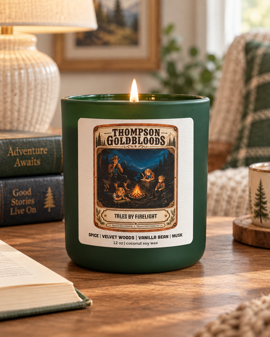 Tales by Firelight candle in green vessel, lit, lifestyle shot