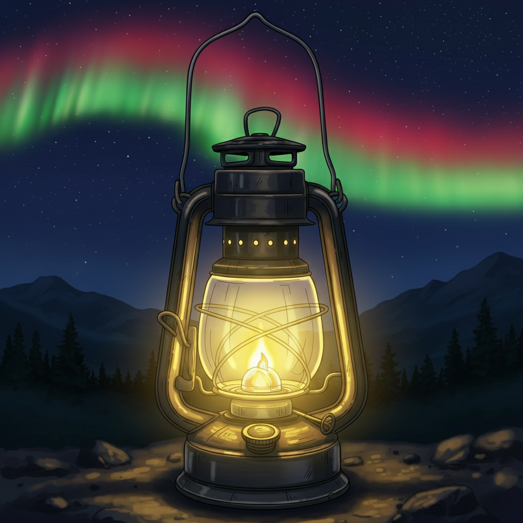Lantern glowing under an aurora night sky, from The Legend of the Thompson Goldbloods